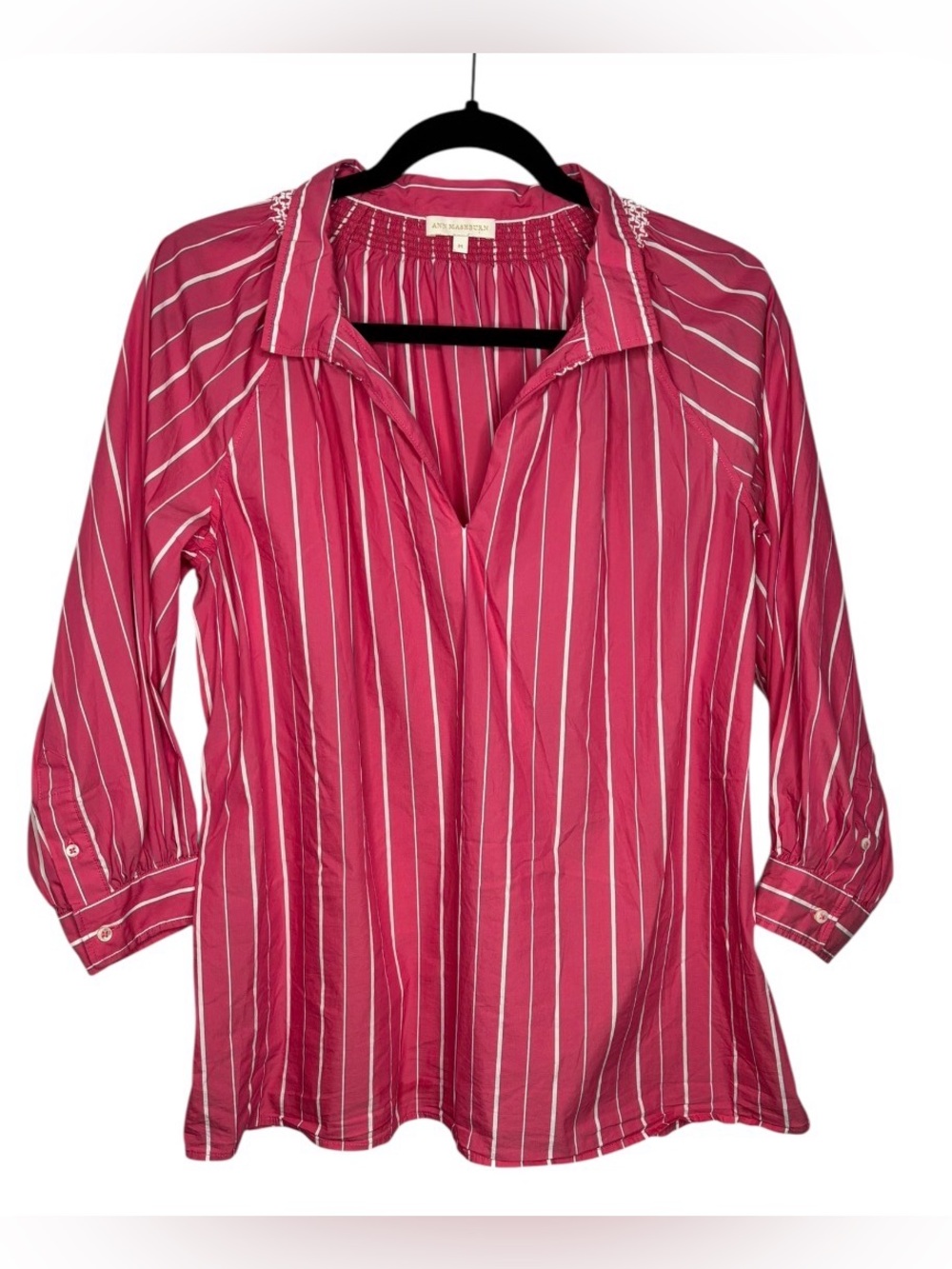 Ann Mashburn Pink Striped 3/4 Sleeve V Neck Embroidered Cotton Blend Blouse Med